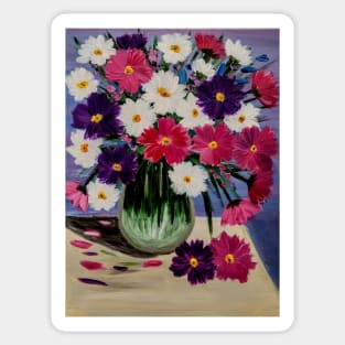 Beautiful pink and purple  and white abstract flowers in a glass vase. Sticker